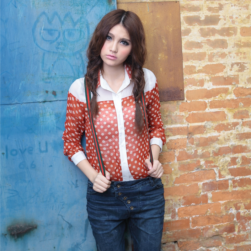 2013 spring new arrival high quality long-sleeve polka dot patchwork shirt autumn chiffon women's shirt female free shipping