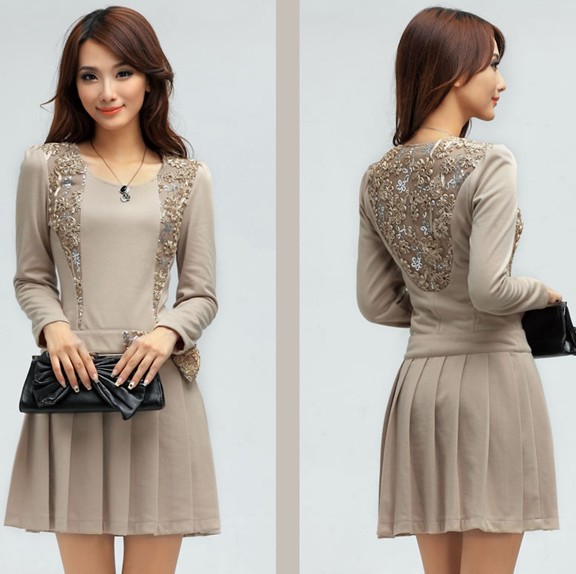 2013 spring new arrival high quality princess paillette chaplet long-sleeve slim pleated gauze lace one-piece dress