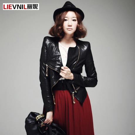 2013 spring new arrival hot-selling motorcycle small leather clothing o-neck women's short design slim PU jacket outerwear