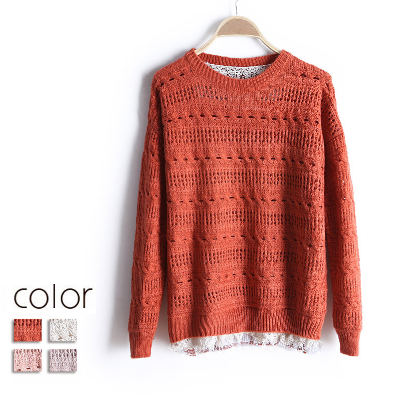 2013 spring new arrival knitted cutout basic shirt lace loose o-neck long-sleeve sweater female wx1411