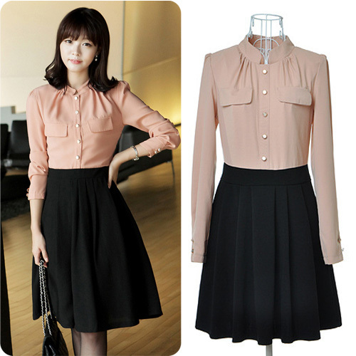 2013 Spring New Arrival Korean Style Fashion Women Clothes Patchwork Long Sleeve Carrer Casual knee-length Dress Q8123
