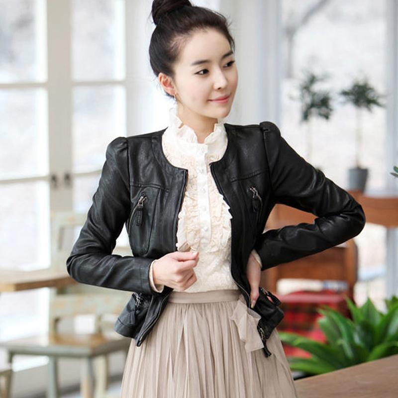 2013 spring new arrival leather clothing female short design slim black PU water washed leather jacket o-neck outerwear l905