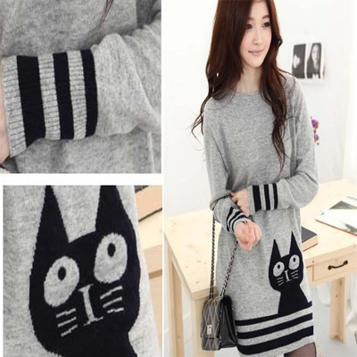 2013 spring new arrival loose fashion cute cartoon cat pattern o-neck medium-long coarse bar sweater