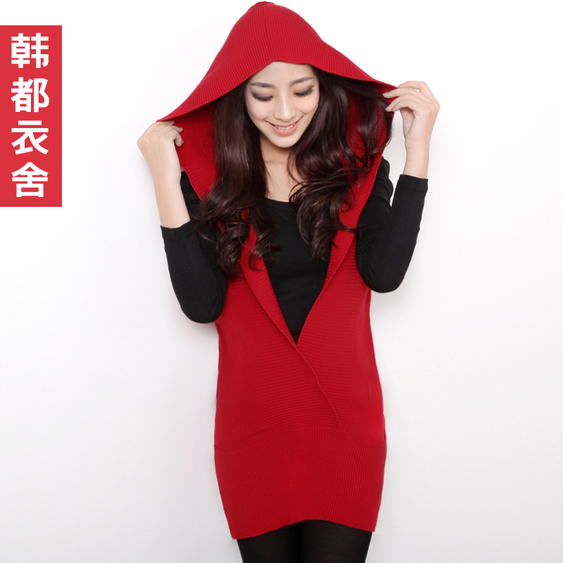 2013 spring new arrival medium-long with a hood woven vest skirt deep v neck sleeveless sweater women's du0677