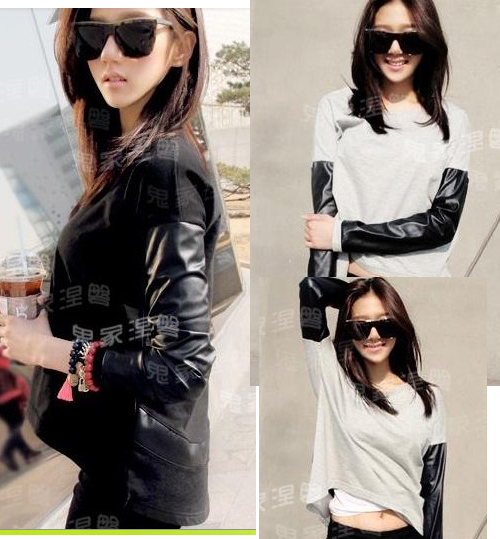 2013 spring new arrival motorcycle leather patchwork asymmetrical t-shirt