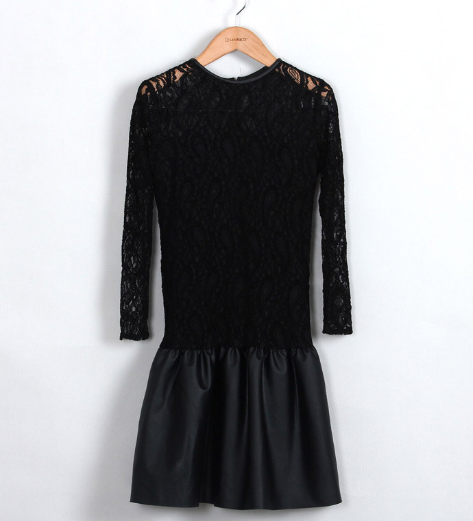 2013 spring new arrival patchwork leather slim lace one-piece dress fashion long-sleeve PU sweep pleated one-piece dress