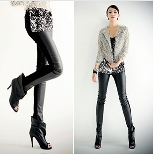 2013 spring new arrival patchwork skinny pencil pants plus size legging PU faux leather trousers female