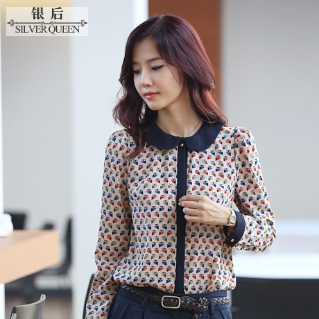 2013 spring new arrival peter pan collar gold buckle print velvet shirt top Free Shipping
