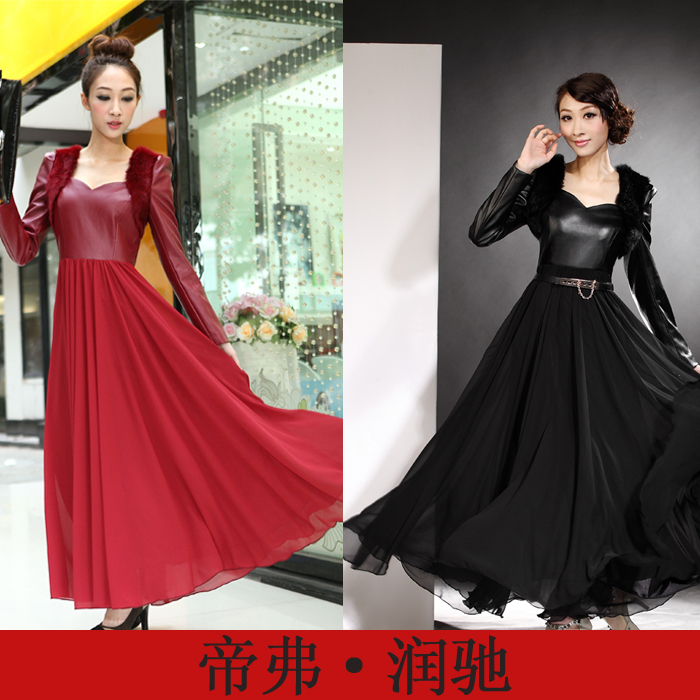 2013 spring new arrival PU chiffon patchwork rabbit fur leather ultra long one-piece dress full dress long-sleeve dress
