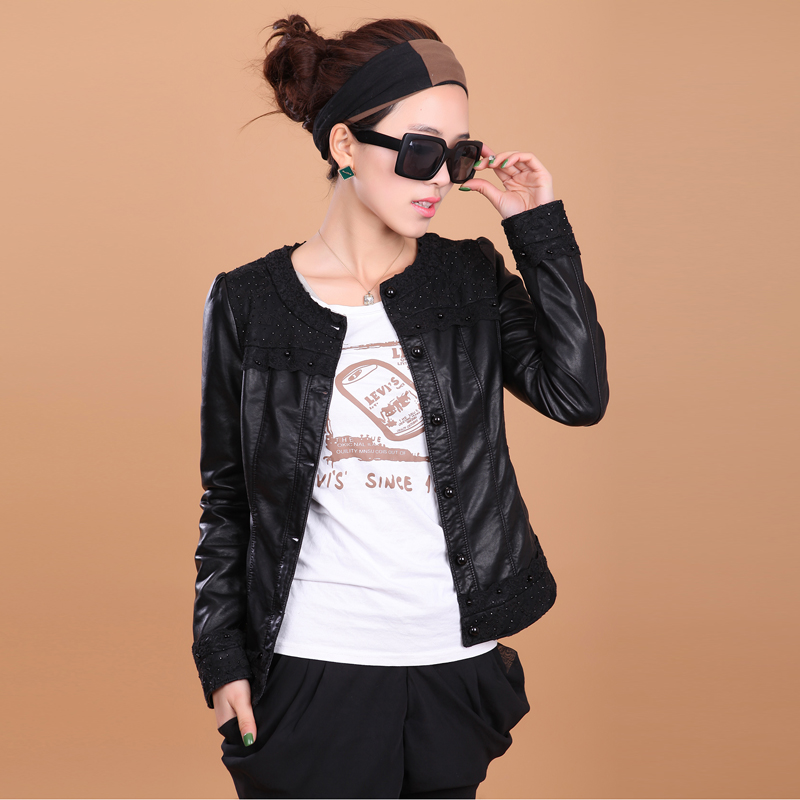 2013 spring new arrival PU clothing female short slim motorcycle clothing design outerwear leather jacket