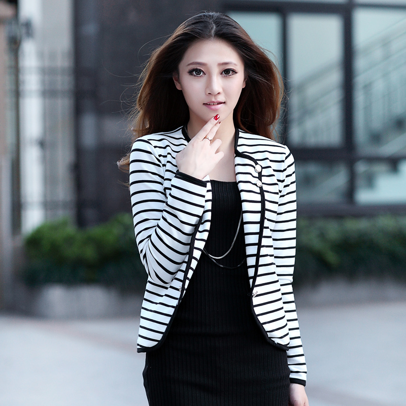 2013 spring new arrival slim black and white stripe spring short jacket women stripe design short blazer