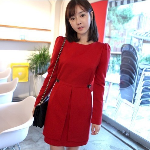 2013 spring new arrival slim ladies elegant leather buckle on puff sleeve red long-sleeve dress