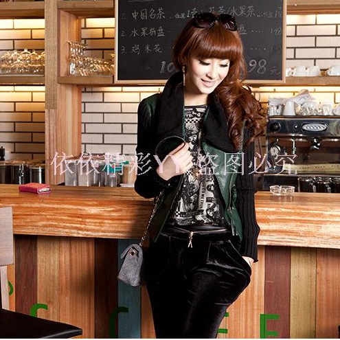 2013 spring new arrival slim water washed leather knitted patchwork design short coat female top