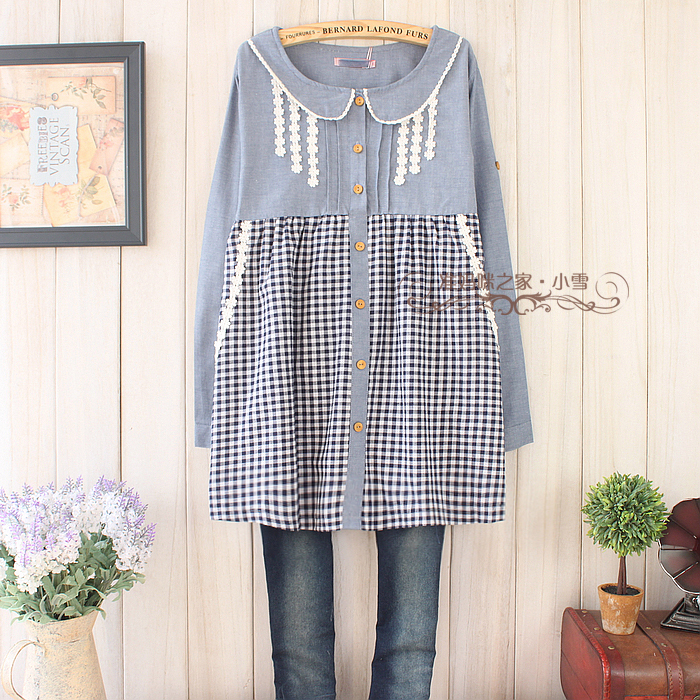 2013 spring new arrival small fresh faux denim patchwork plaid maternity long-sleeve clothing