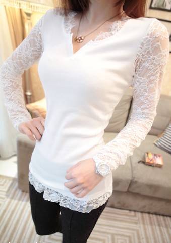 2013 spring new arrival small placketing slim beautiful lace long-sleeve shirt basic shirt female long t-shirt