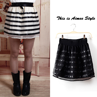 2013 spring new arrival stripe PU patchwork leather skirt basic skirt chiffon puff skirt tulle dress female skirt