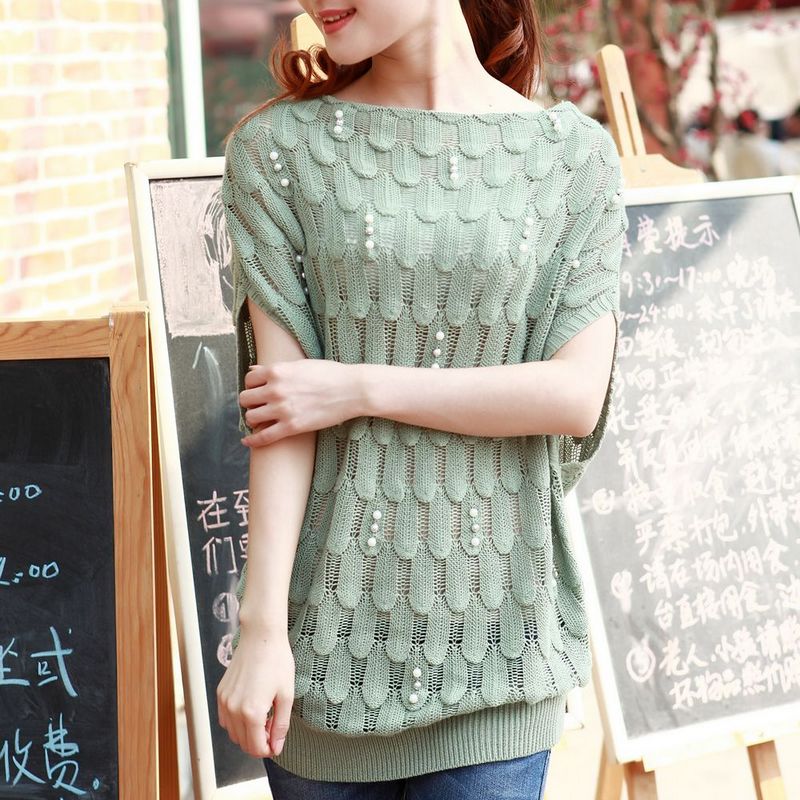 2013 spring new arrival sweet handmade beaded cutout sweater thin loose shirt net shirt female