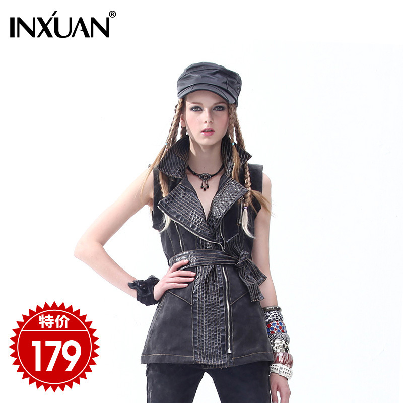 2013 spring new arrival thin long paragraph denim vest patchwork leather water wash dark color vest