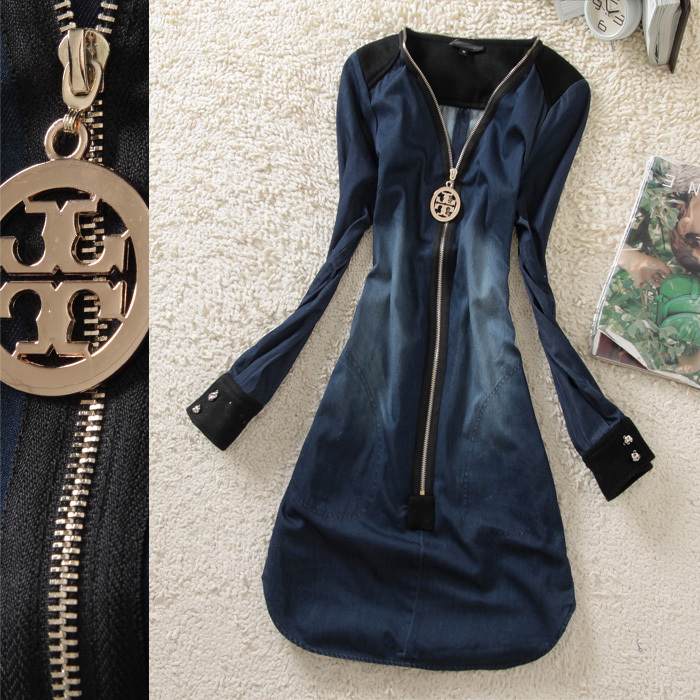 2013 spring new arrival V-neck colorant match zipper short design denim one-piece dress 18b431
