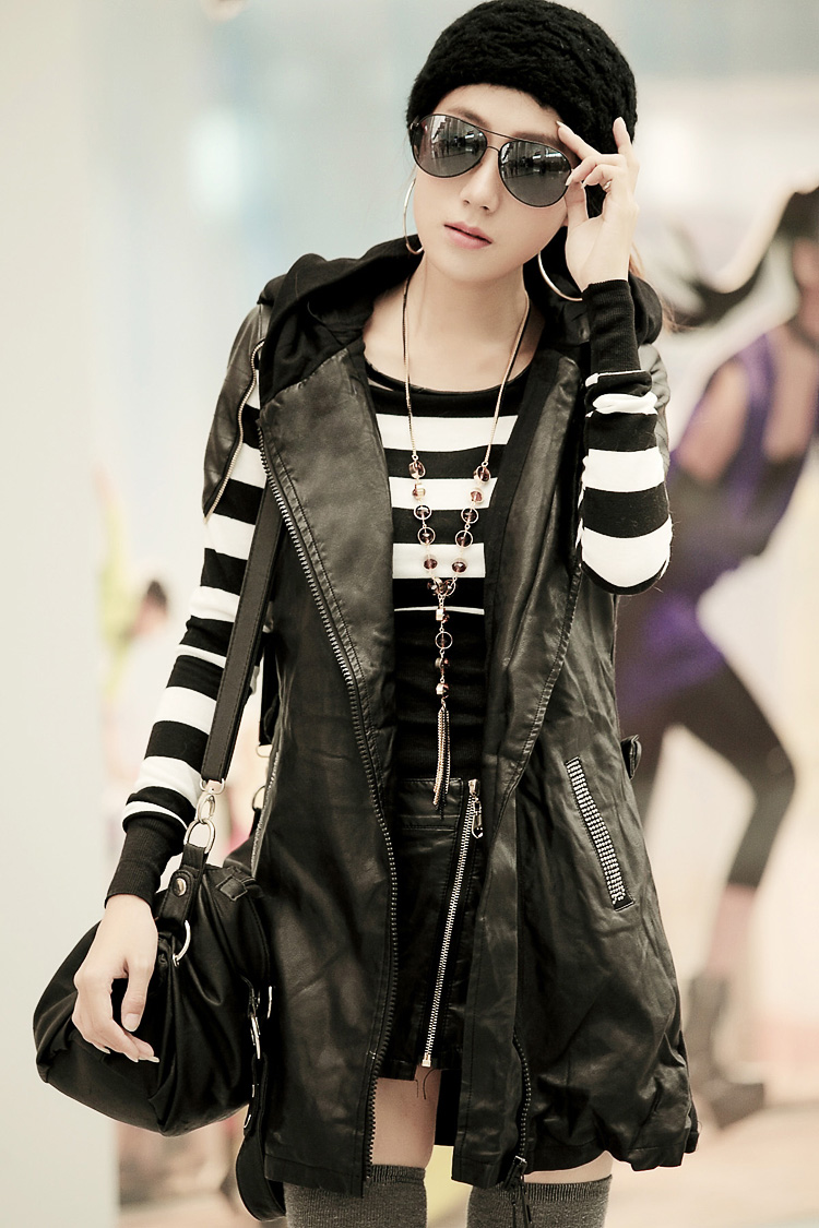 2013 spring new arrival water wash PU patchwork with a hood sweatshirt rhinestones slim medium-long leather clothing vest
