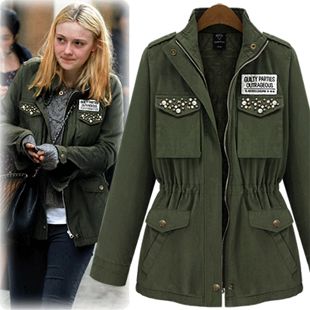 2013 spring new arrival women's beaded outerwear Army Green tooling slim waist thickening trench