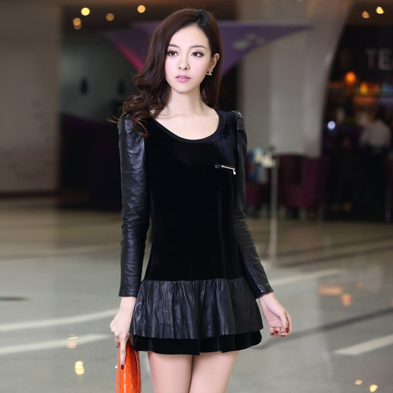 2013 spring new arrival women's fashion patchwork leather PU water washed velvet long-sleeve basic skirt dress