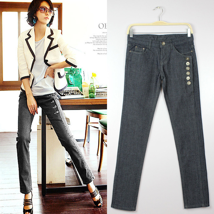 2013 spring new arrival women's grey denim buttons slim hip denim pencil pants