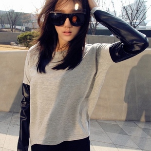 2013 spring new arrival women's leather patchwork asymmetrical sweep t-shirt basic shirt