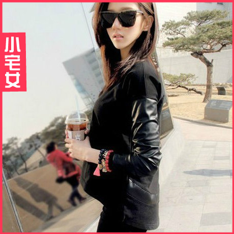 2013 spring new arrival women's leather patchwork sweep asymmetrical t-shirt basic shirt