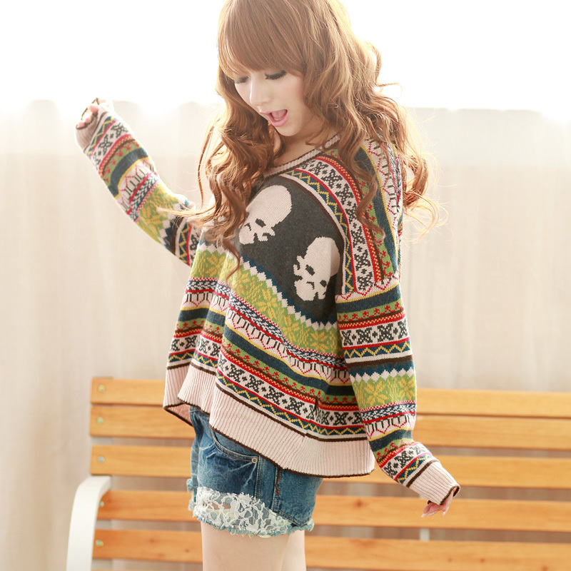 2013 spring new arrival women's loose V-neck multicolour jacquard sweater outerwear female