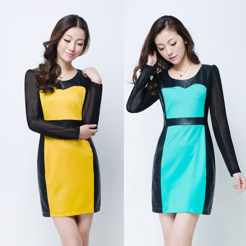 2013 spring new arrival women's spring color leather long-sleeve chiffon sleeve slim one-piece dress Free Shipping