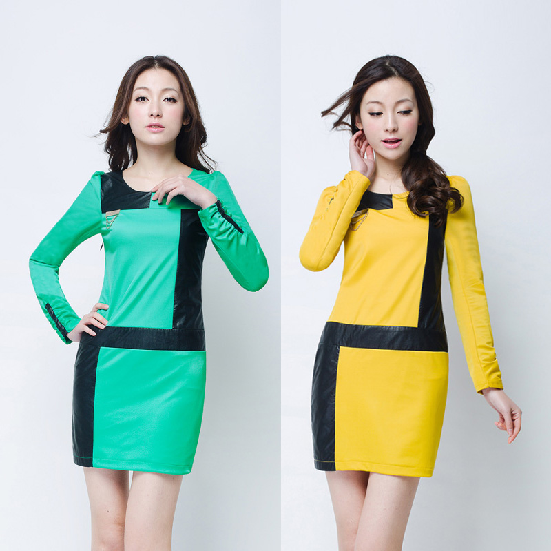 2013 spring new arrival women's spring color PU leather mosaic dress fashion normic slim one-piece dress