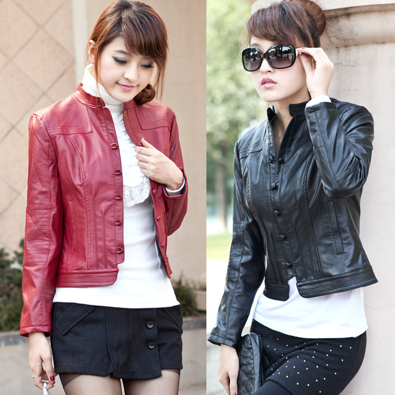 2013 spring new arrival women's stand collar leather clothing short design slim outerwear female 111018