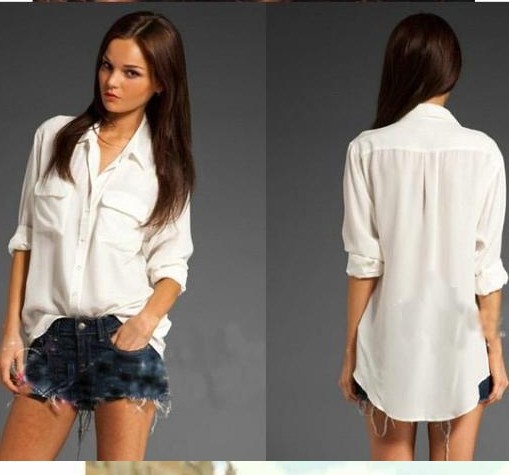 2013 Spring New Arrive Casual Loose Medium-Long Shirt Female White Long-Sleeve Shirt Chest Double Pocket Chiffon Shirt