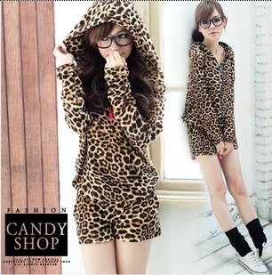 2013 Spring New Arrive Free Shipping Women's Casual Sports With  Hood Drawstring Backwards Leopard Print Set Jumpsuits