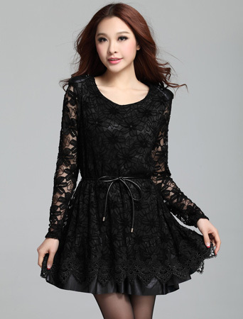 2013 spring new brand sophisticated casual fashion slim black lace leather patchwork shoulder pads knee-length dress with belt