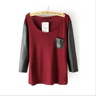 2013 Spring new design free shipping women o-neck long sleeve pu leather patchwork t shirt/ slim casua pockets decoration shirt