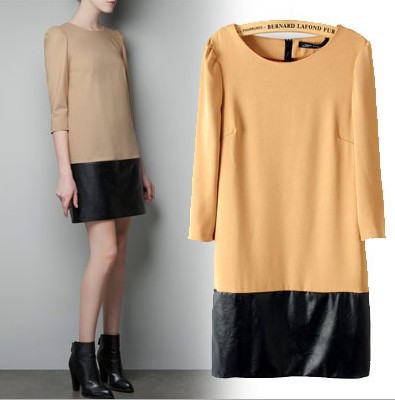 2013 spring new dress skirts fashion Europe and the United States three quarter sleeve hem stitching PU leather head dress