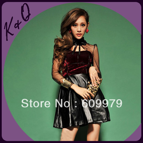 2013 spring new dress sweet style leather and velvet patchwork with lace collar and sleeve factory dropshipping