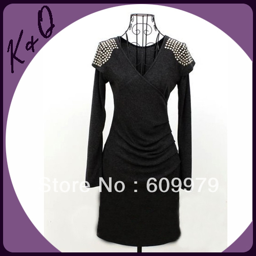 2013 spring new elegant fashion rivet drill Dress sub-Slim pleated long sleeve dress for women