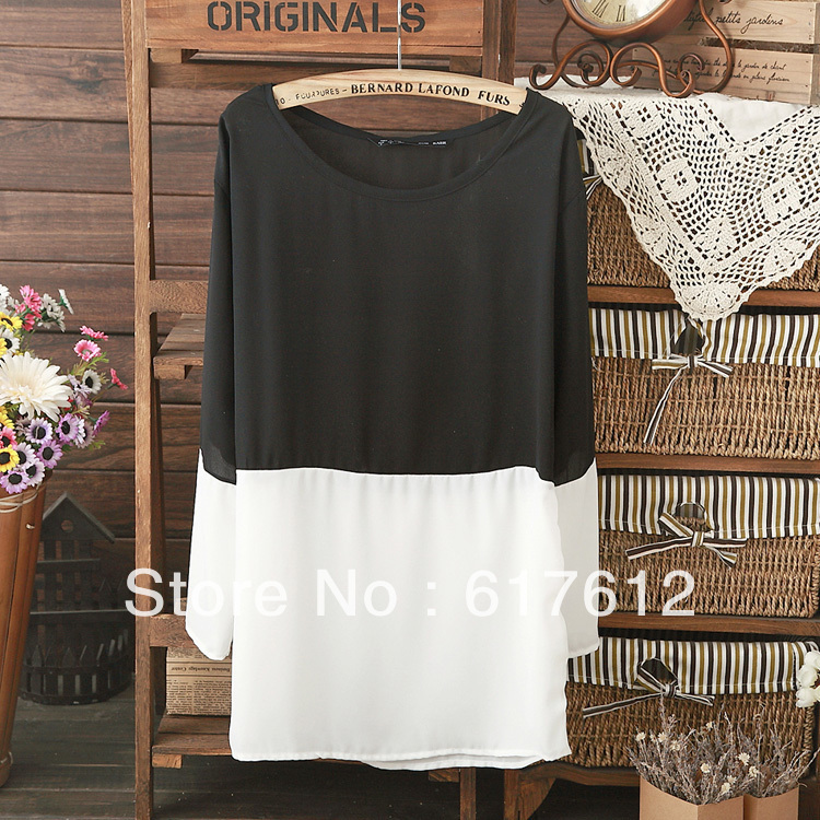 2013 spring new European style stitching hit color women black  white round neck long-sleeved chiffon blouse / shirt  for ladies