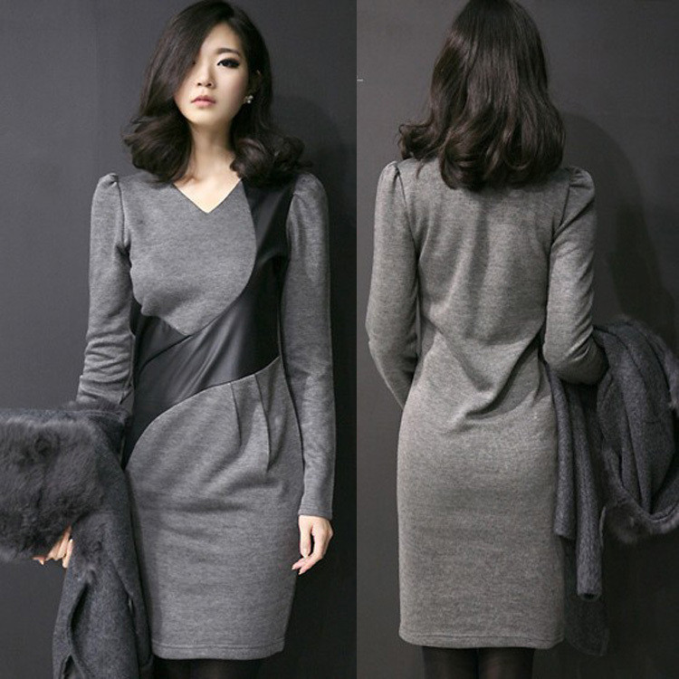 2013 Spring New Fashion High Street Women V-neck Long-sleeve Leather Patchwork Mini Dress 8787 Free Shipping