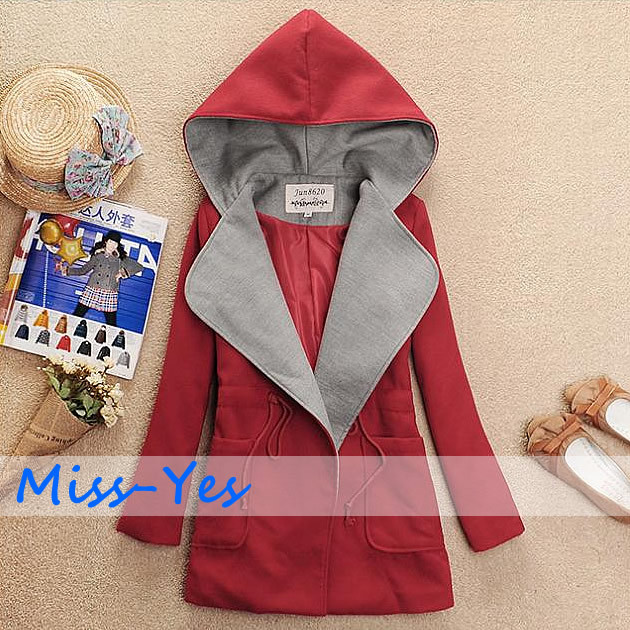2013 Spring New Fashion hooded Coat Loose fitting Contrast color trench Medium Style Mould wool trench Free shipping
