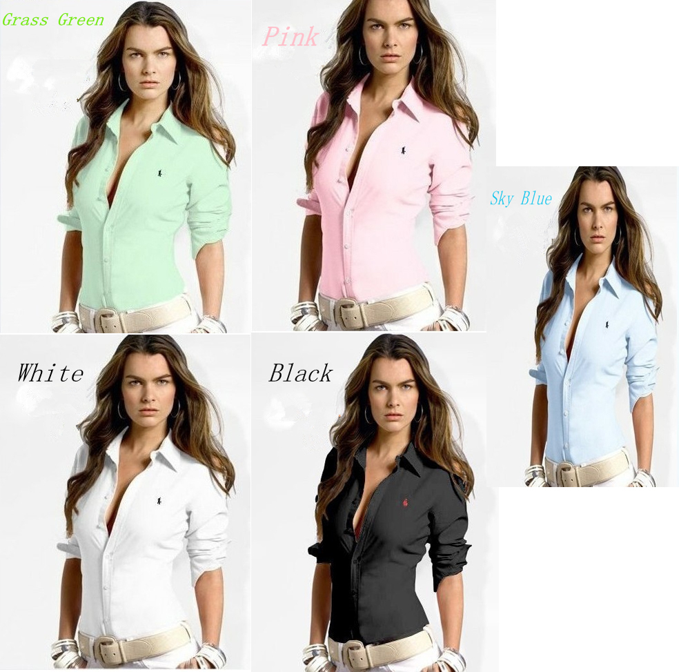 2013 spring new fashion Women long sleeve button casual original Polo shirts/Pure color,exquisite embroidery,Pony logo NO IRON