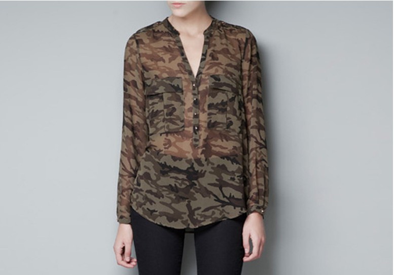 2013 spring new ladies' chiffon transparent blouse long sleeve with bust pocket  camouflage shirt  drop shpping