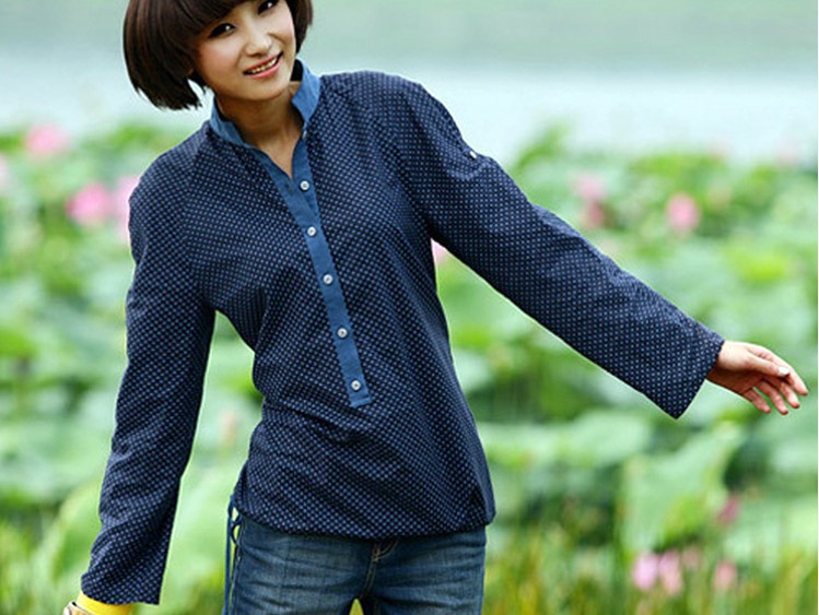 2013 spring new Ladies' fashion blouse women's long sleeve adjustable little dots blue chiffon shirts free shipping