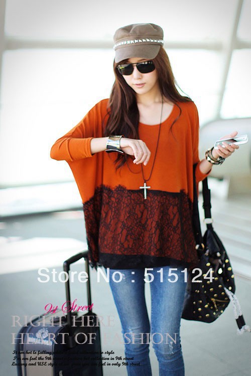 2013 spring new maternity dresses Lace stitching hem loose bat sleeve round neck T-shirt of the large size 3colors