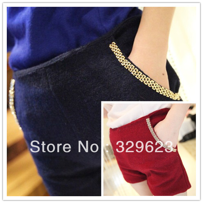 2013 spring new metal chain significantly thin woolen material shorts