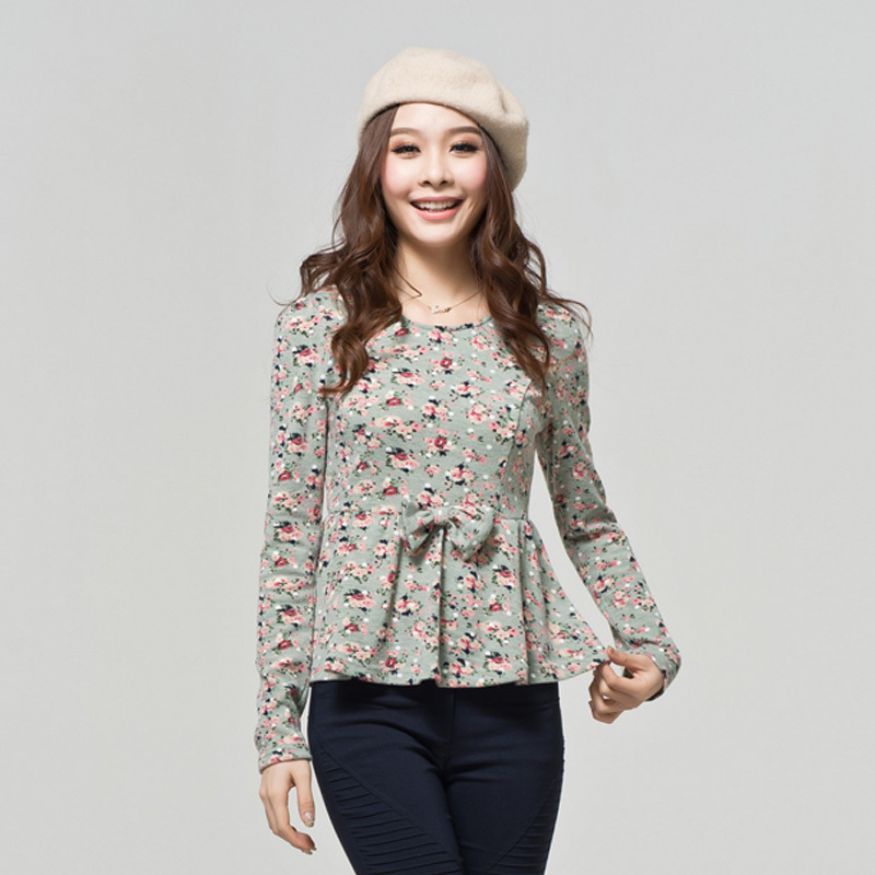 2013 spring new plus size women printing long sleeve blouse  round collar puff sleeve plus size blouse