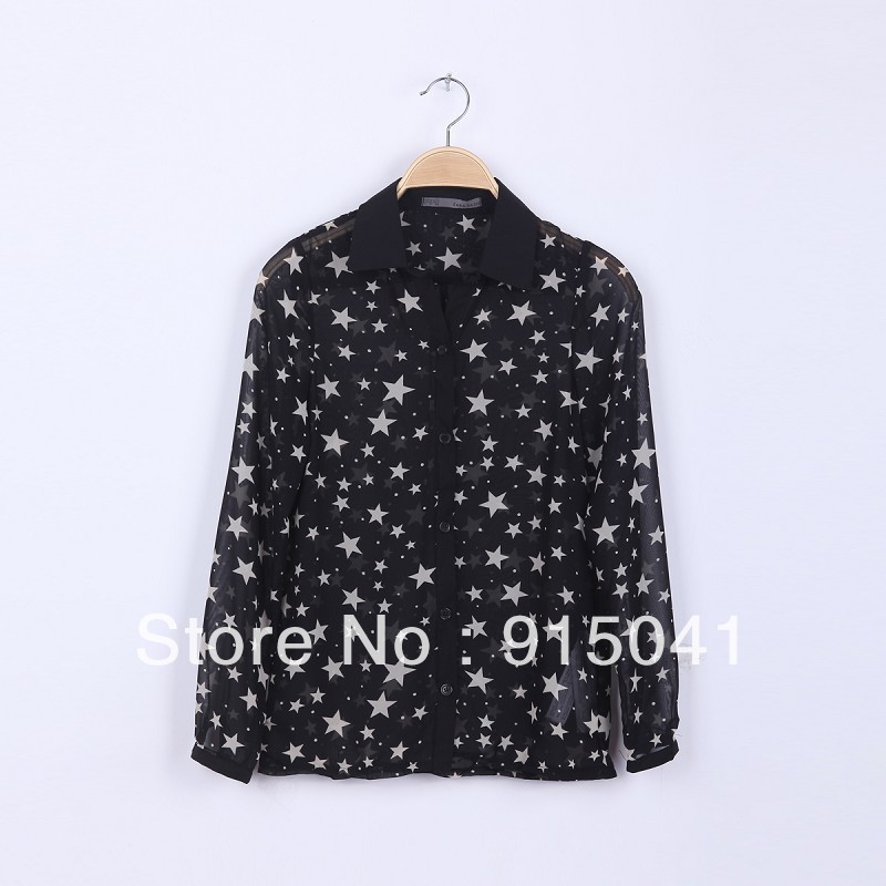 2013 Spring new print chiffon shirt star pattern sleeved shirts and blouses
